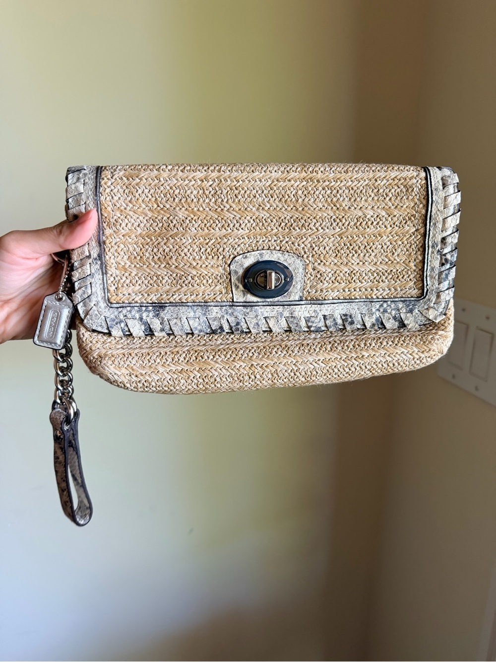 Coach Hampton Straw & Python Leather Trim Wristlet LIKE NEW